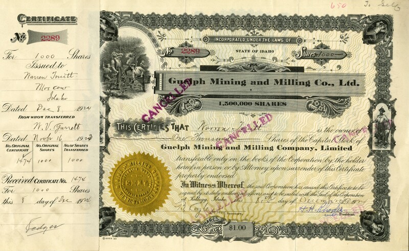 Narrew Tonitt was the owner of one thousand shares. This certificate was marked as This was marked as cancelled.