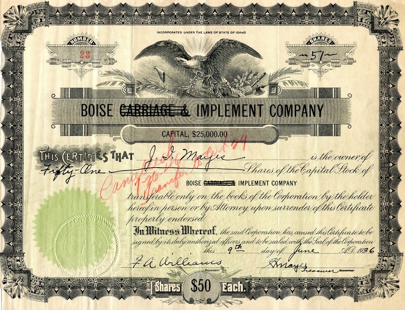 J. I. Mayes was the owner of fifty-one shares. This certificate was marked as This was marked as cancelled.