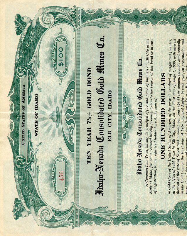 This certificate certifies that the holder is the owner of one hundred dollars in a ten year gold bond.
