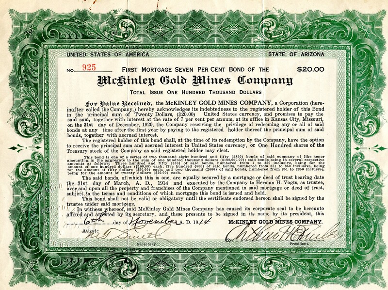 This certificate certifies that the owner owns twenty dollars worth of gold bonds.