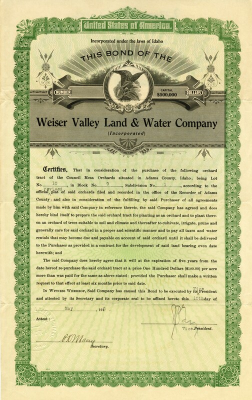 This certificate certifies that the holder owned a land and water bond.