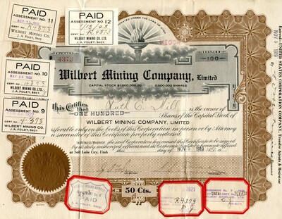 Ruth E. Hill was the owner of one hundred shares. Attached to the certifcate are assessment reciepts.