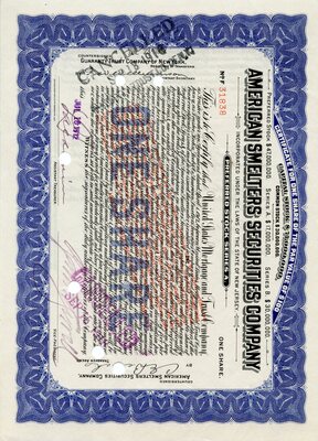 This certificate certifies that the bearer is the owner of one share. Cancelled.