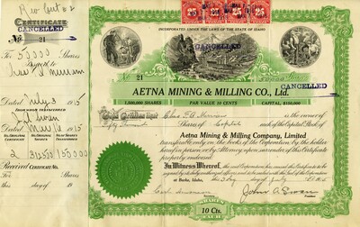 Chas F. O. Merrian was the owner of fifty thousand shares. This certificate was marked as This certificate was marked as This was marked as cancelled.