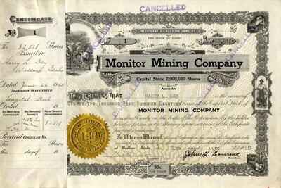 Harry L. Day was the owner of eighty-two thousand five hundred shares. This certificate was marked as This certificate was marked as This was marked as cancelled.