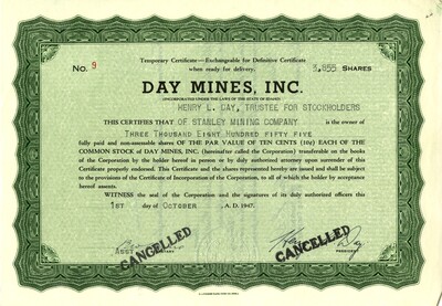 Henry L. Day, Trustee for Stockholders of Stanley Mining Company was the owner of three thousand eight hundred fifty-five shares. This certificate was marked as This certificate was marked as This was marked as cancelled.