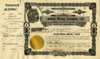 Nicholas Codd was the owner of one thousand shares. This certificate was marked as This was marked as cancelled.
