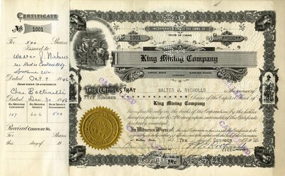 Walter J. Nicholls was the owner of five hundred shares. This certificate was marked as This was marked as cancelled.