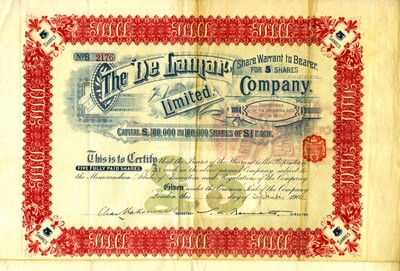 This certifies that the holder was the owner of five shares.