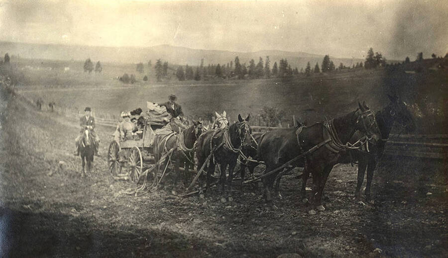 Six horses pull a wagon full of women, one man on a horse follows behind. The photo caption reads: 'A stage full of "fancy women" heads for the gold mines.'