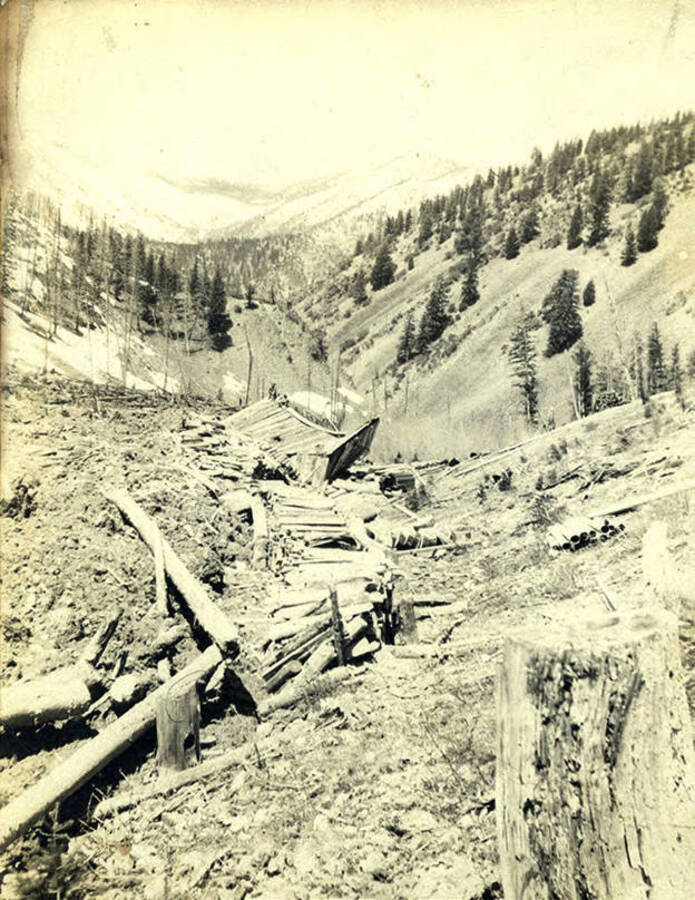 Destroyed structures and debris from the mudslide that blocked Monumental Creek and flooded the town of Roosevelt.