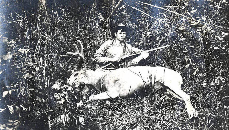 Man holding a rifle poses with a harvested mule deer buck. The photo caption reads: 'Fish Lake, Chamberlain Basin.'