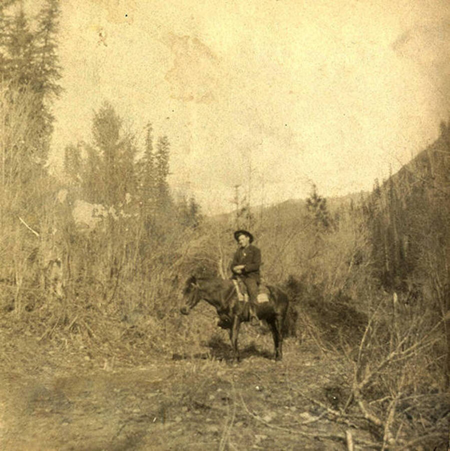 Clayton sits atop a horse near the Middle Fork of the Clearwater River.