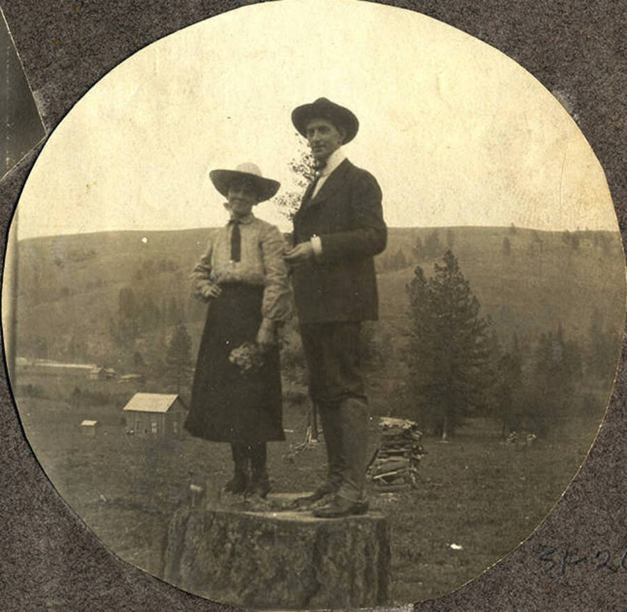Leeta Stonebraker (left) and Bob Scholfield (right) pose near Stites, Idaho. The photo caption reads: 'Our stump speakers.'