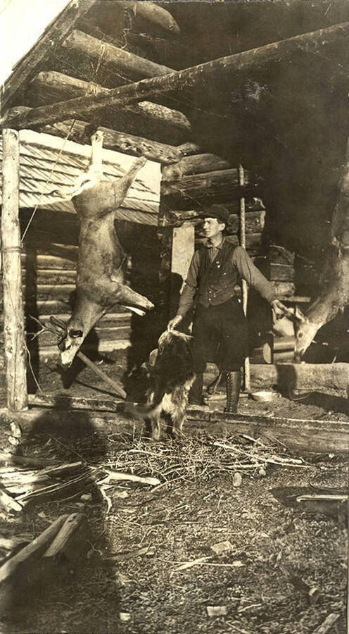 A man stands next to two mule deer which are ready for processing, hanging from rafters outside of a log cabin.