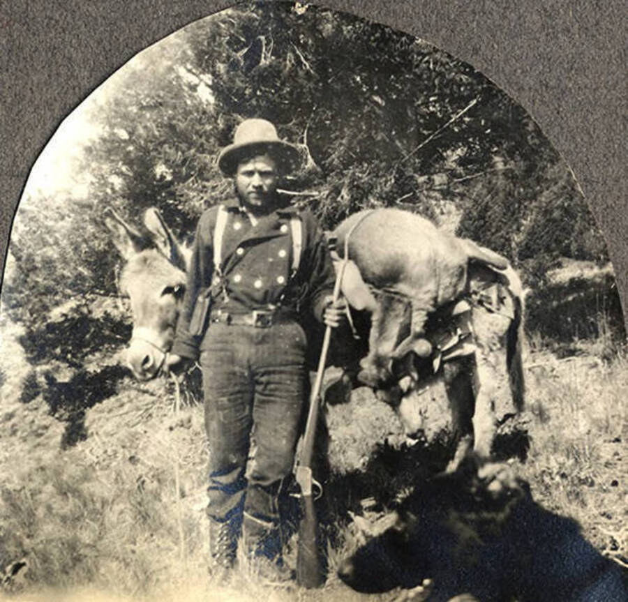 A man holds a rifle and stands with a mule carrying a harvested mule deer.