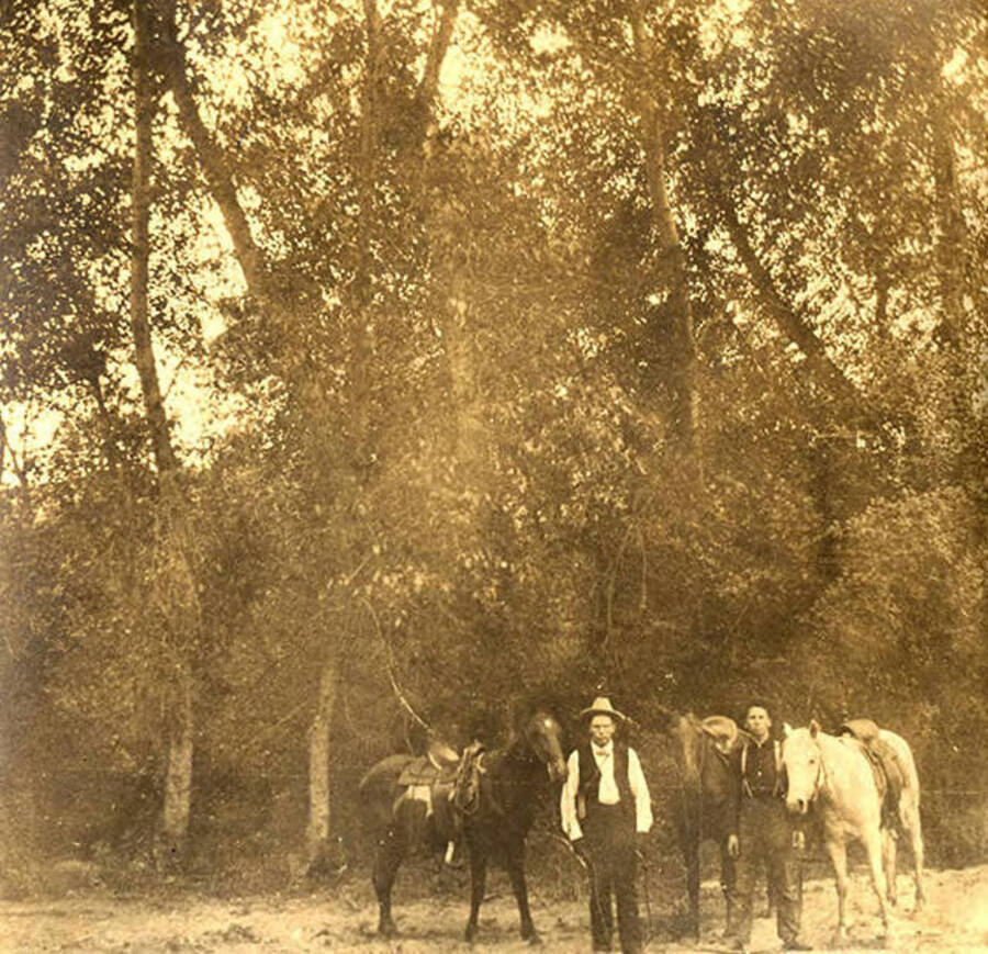 W. A. Stonebraker and Sumner Stonebraker stand with three horses.