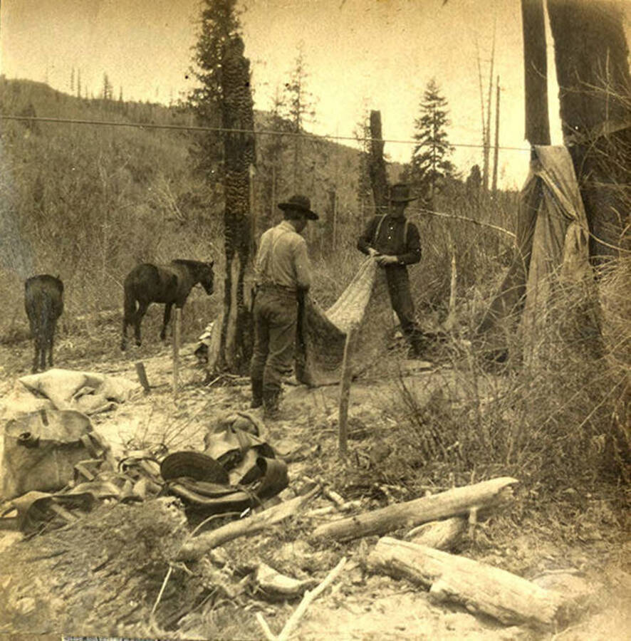 Sumner (Governor) Stonebraker (left) and Earl Clayton (right) make their bed at the campsite with horses in the background.
