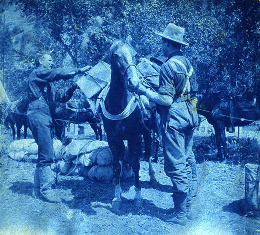 Two men load a pack horse with supplies.