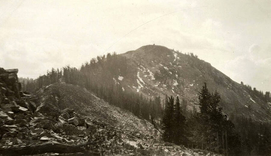 Sheepeater Mountain NW of Chamberlain.  A cabin sits on the peak. The peak was used as a lookout in the early 1920s but a permanent lookout was not constructed until 1925.