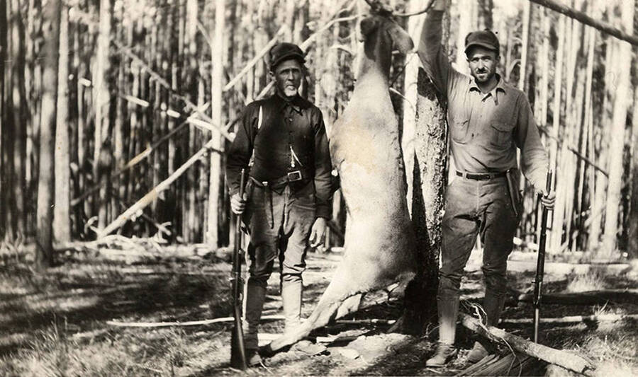 Two men hold rifles and pose with a harvested deer.