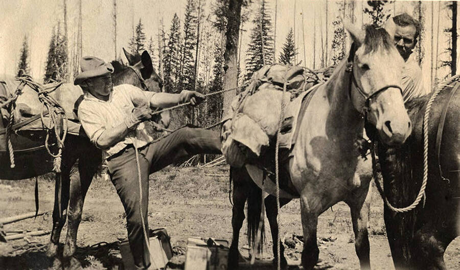Two men load supply packs onto a horse.