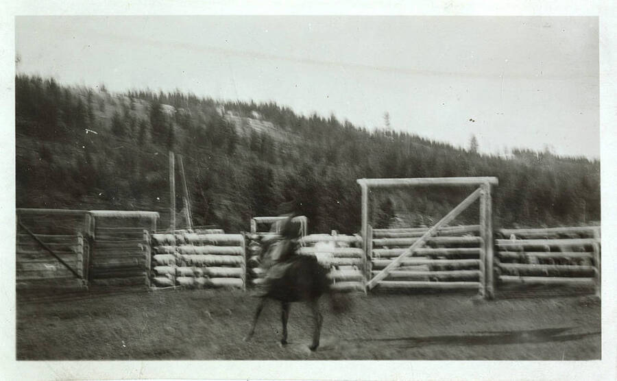 A man rides a horse inside of the corral at the Stonebraker Ranch.