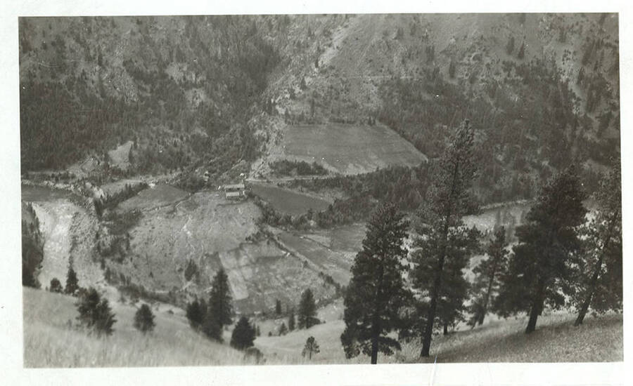 A bird's-eye view of the Freeman Nethkin Ranch on the South Fork of the Salmon River. It was later named the Badley Ranch, approximately 2 miles south of Mackay Bar.