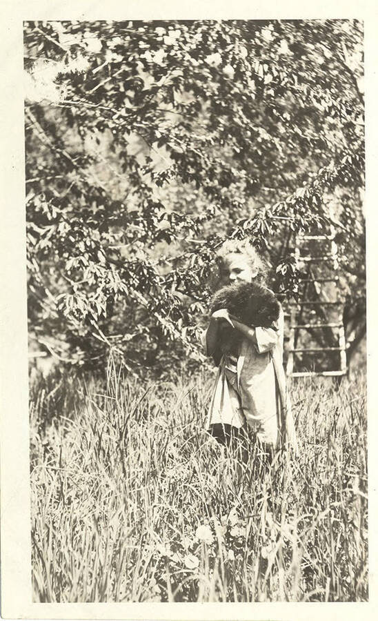A young girl walks in an orchard holding a baby bear. A ladder is in the background.