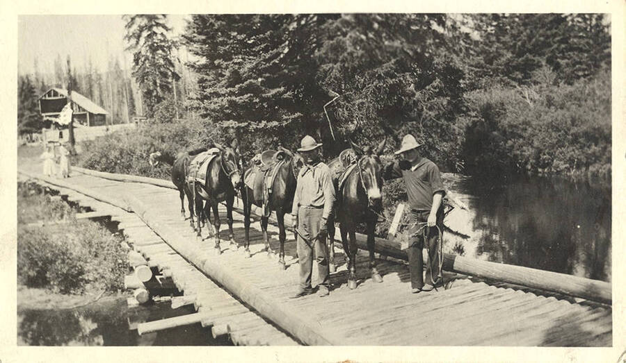 W. A. Stonebraker (right) and an unidentified man with horses stand on a log bridge. 