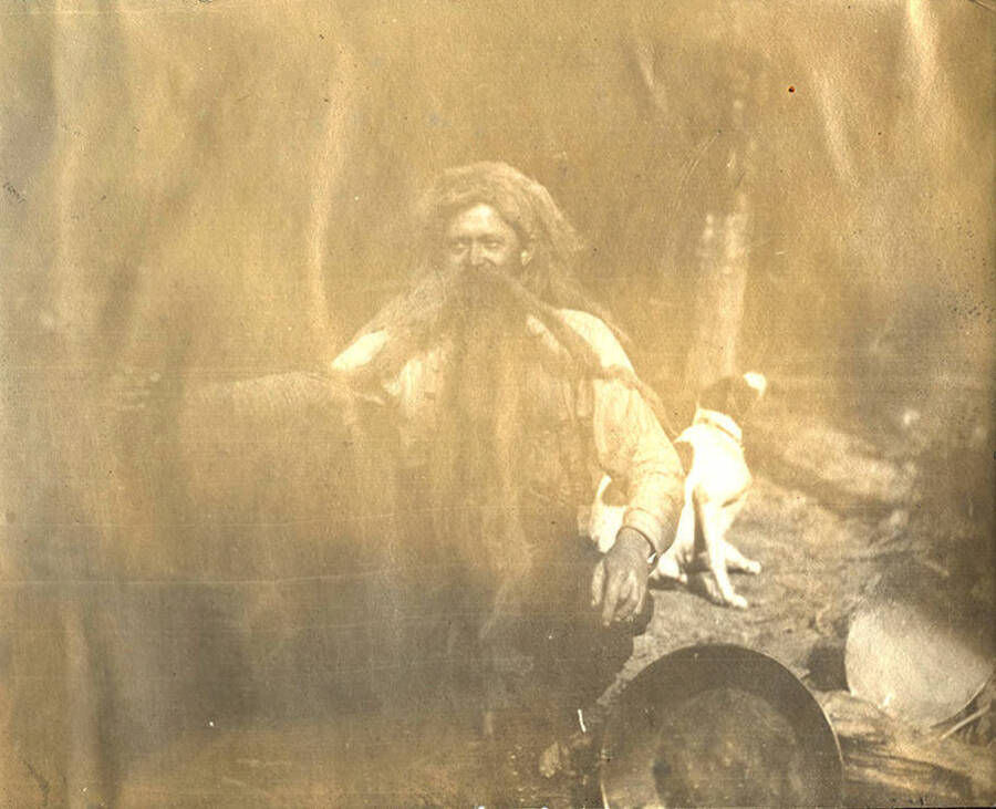 A prospector with a long beard and moustache sits near a dog at a campsite with camping equipment in the background.