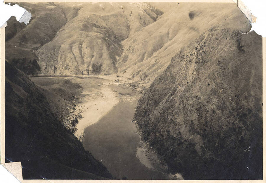 Birds eye view of the Salmon River cutting through a canyon a mile or two south of Slate Creek at Blackhawk Bar.