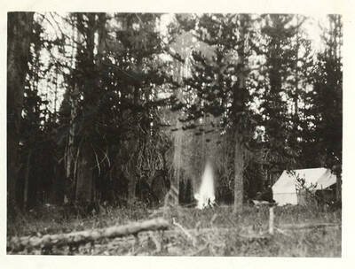 A campfire flares near a tent at a camp site.