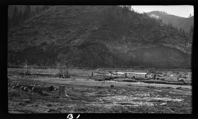 Negative of an unknown logging site. A group of unidentified people (most likely workers) are in the far background. The foreground shows area that had been previously cleared of trees. Stumps and debris are visible.