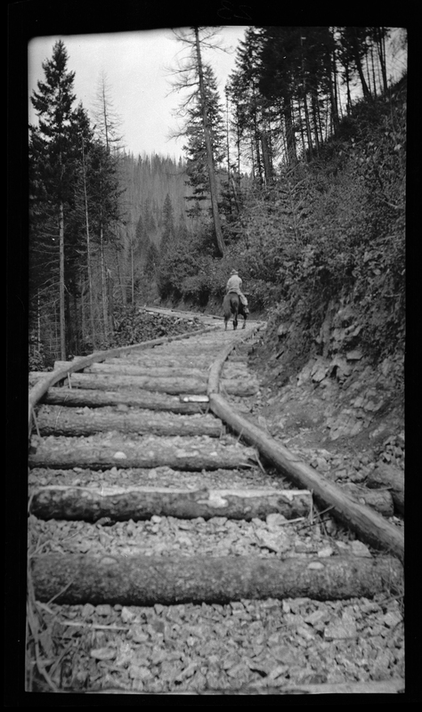 Photo of a man riding a horse away from the photographer on a wooden railroad track. Trees surround the area.