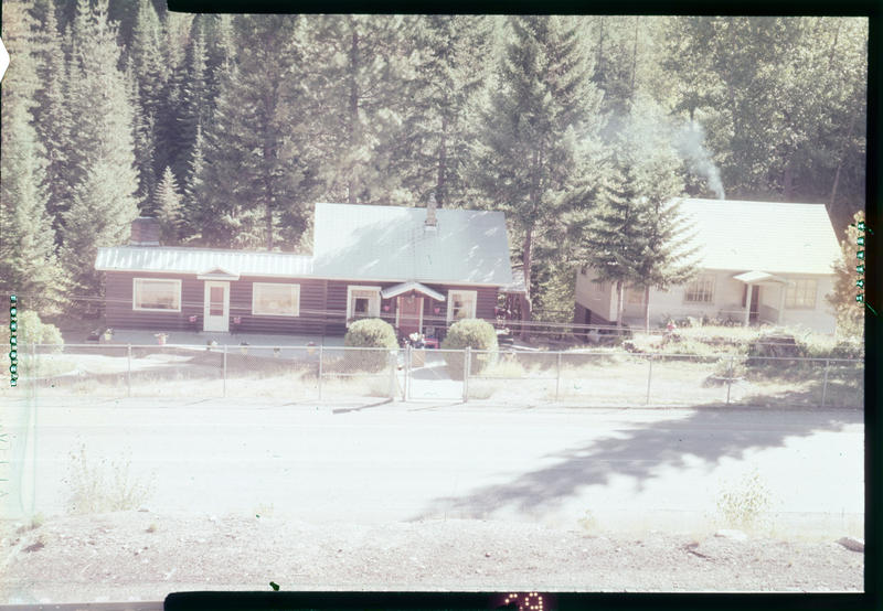 Color photo of two houses on A. A. M. Arnold's property on Highway 10. Both houses appear to be one story tall and they are surrounded by trees.