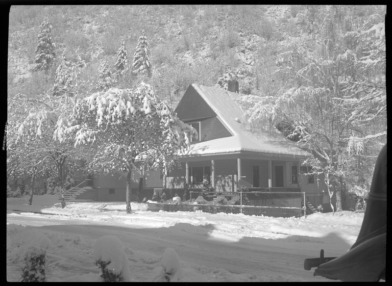 Photo of the Gyde home in the snow. The roof, ground, and surrounding trees all have a heavy layer of snow covering them. The house is mostly obscured by trees.