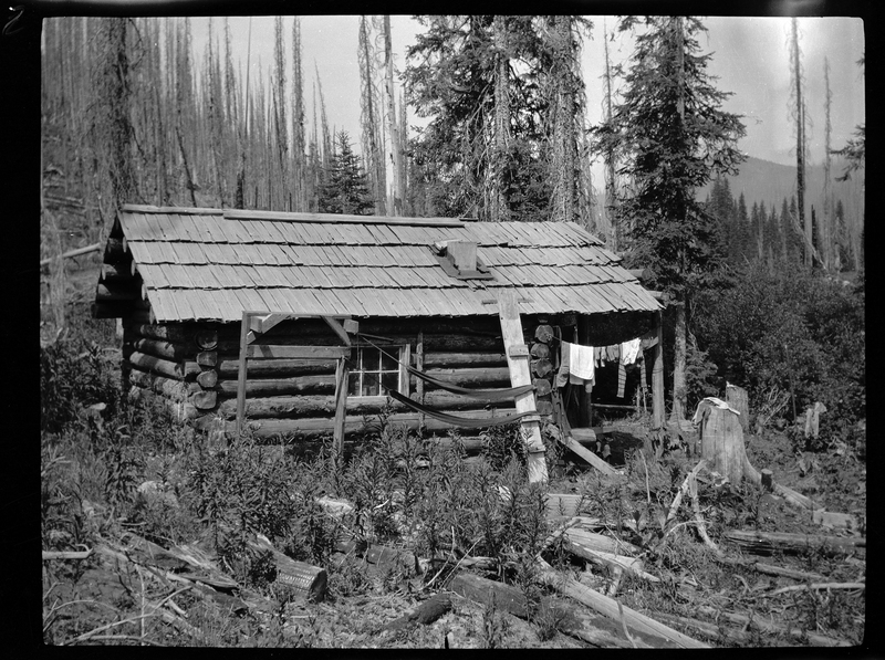 Photo of a log cabin in a wooded area. There is a clothes line with clothes on it near the building.