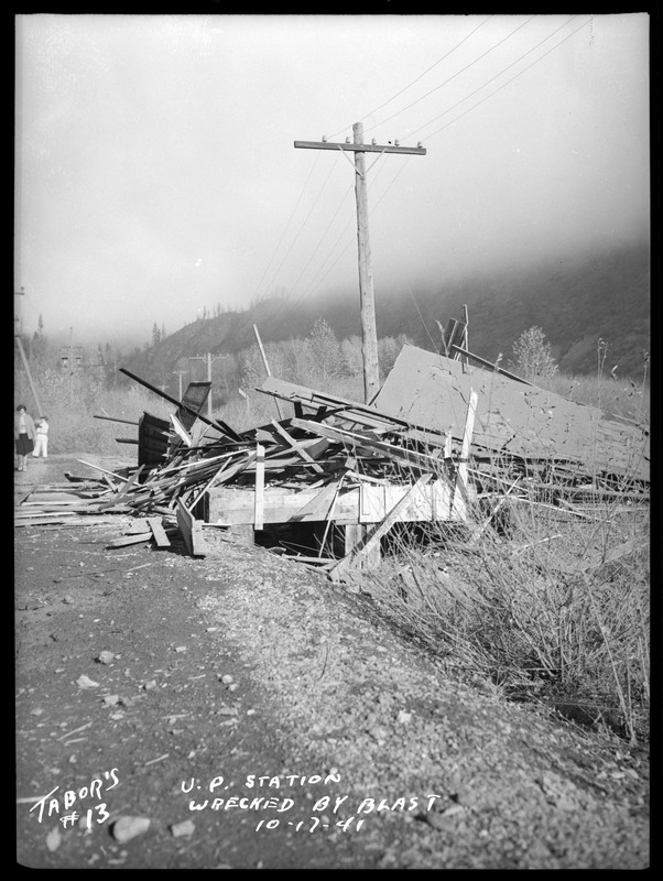 Union Pacific Railroad station wreckage after the Sunshine Mine powderhouse explosion.