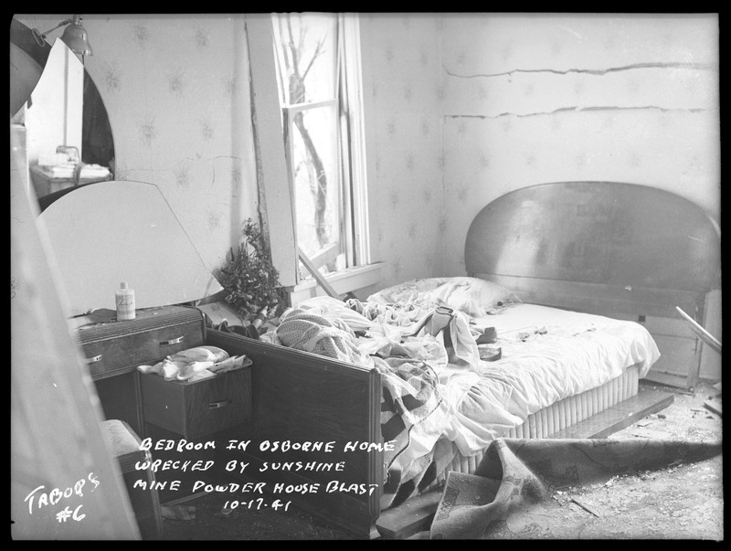 Damage done to a bedroom in N. J. Osborne's house by the Sunshine Mine powderhouse explosion.