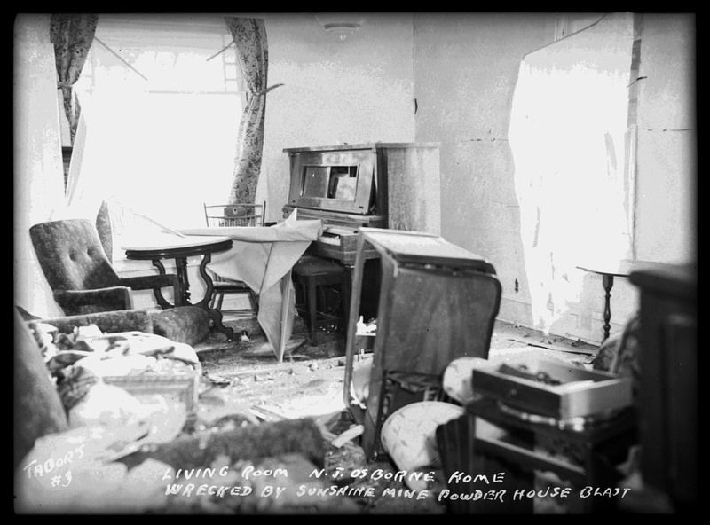 Damage done to the living room of N. J. Osborne's home by the Sunshine Mine powderhouse explosion.