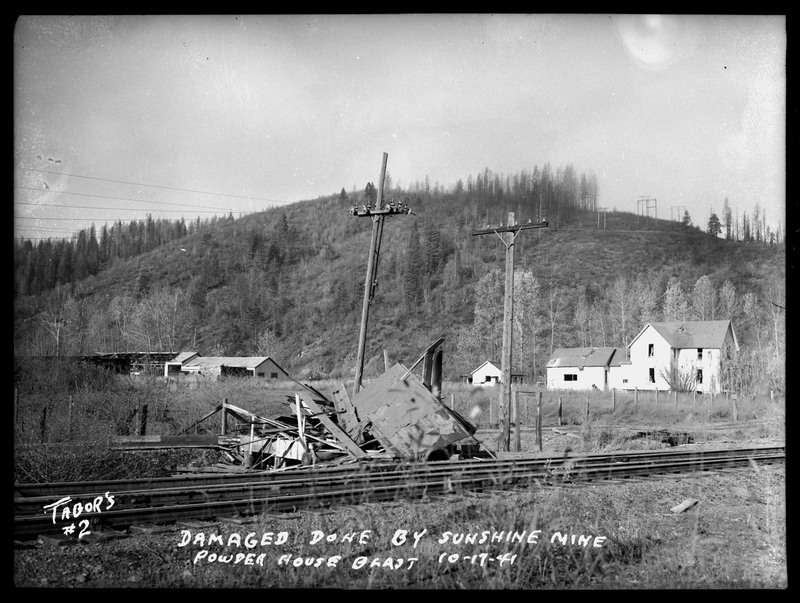 Union Pacific Railroad station wreckage after the Sunshine Mine powderhouse explosion.