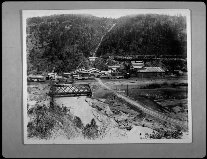 Image of a photograph that looks over Hercules Mill from the hillside. Several buildings are visible, as well as a bridge that spans over a river.
