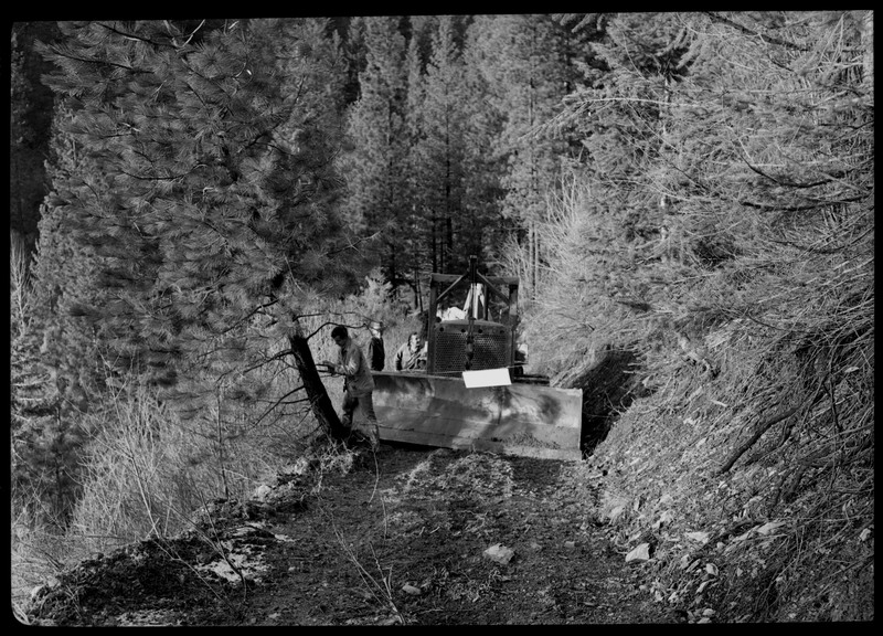 A couple men moving a piece of machinery through a heavily wooded area. They appear to be stuck due to a tree stump that is on the path.