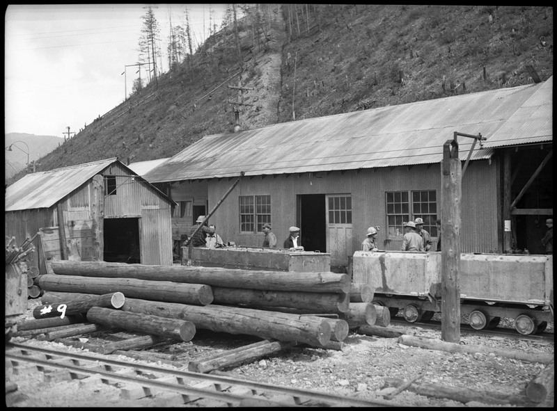 A group of miners working at Silver Summit mine. They are standing behind a line of minecarts with a building behind them.