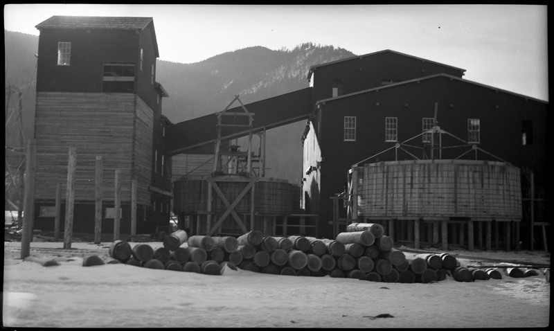 An unidentified milling complex. There are logs of wood outside of the buildings in front of the photographer.