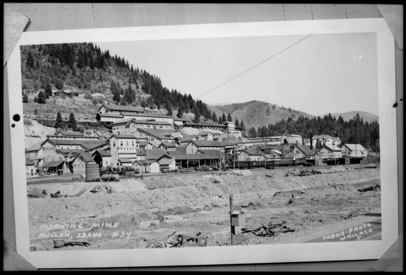 Morning Mine in Mullan, Idaho. Several buildings involved in the mine complex are visible.