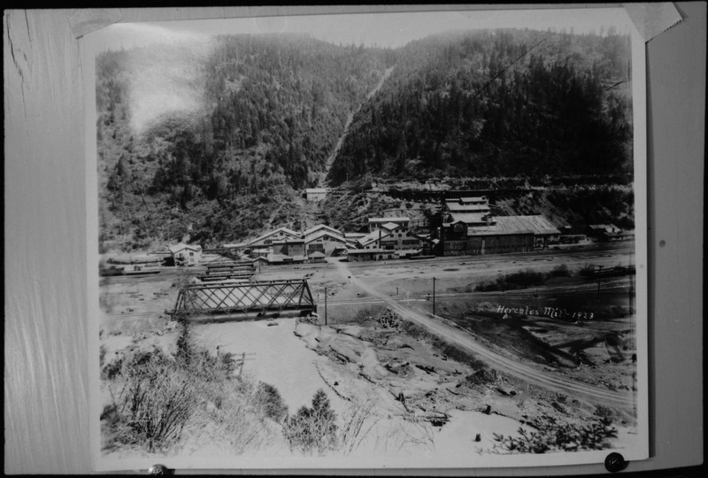Image of a photograph of Hercules Mill. The complex is just in front of the tree line, with a bridge visible in front of it. The photo is taken from a higher vantage to show the complex, bridge, and a river.
