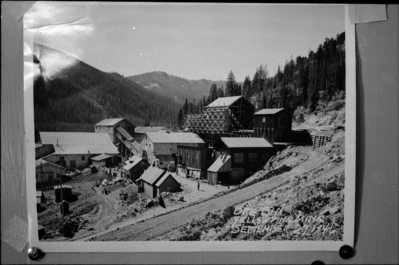 Image of a photograph of Ore Bin Yellow Pine Mine. Many buildings are visible, though a few are cut off on the left side of the photo, and there are trees in the background.