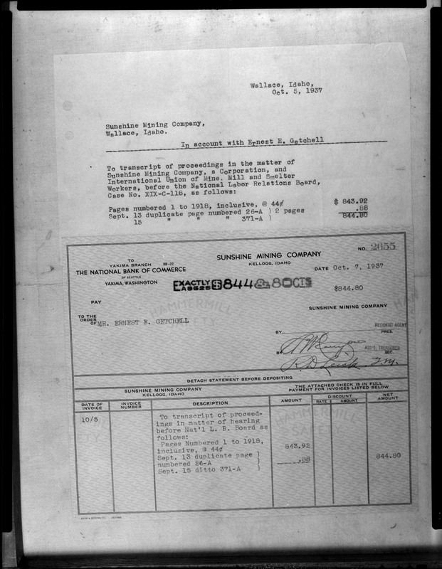 Image of a check written out to Ernest Getchell from Sunshine Mining Company.